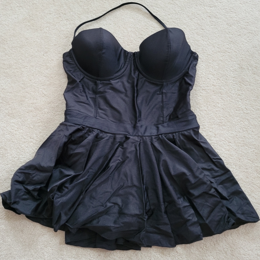 Bettie Page Swatch Bandeau Shaped Cup Swim Dress Size 10 Black Vintage Style - Picture 2 of 11